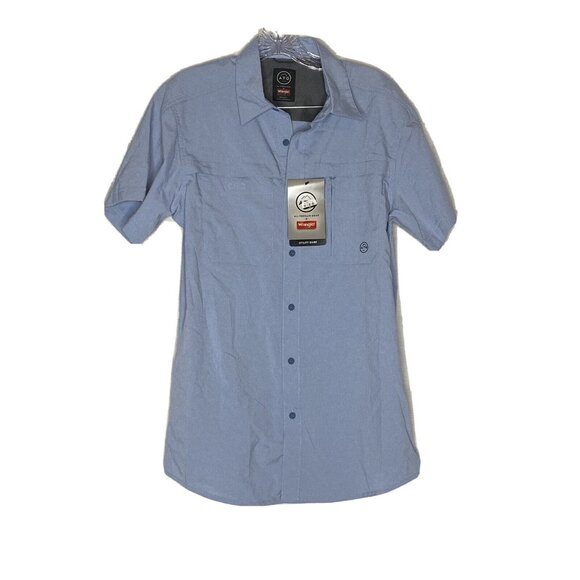 Wrangler Men's Plaid Short Sleeve Button-Down Collared Shirt (Light Blue, S) - Picture 2 of 4